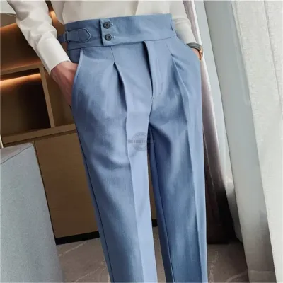 Men's light blue pinstripe tapered dress pants with button front