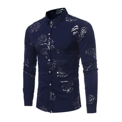 Midnight Blue Gold Roses Long-Sleeve Shirt