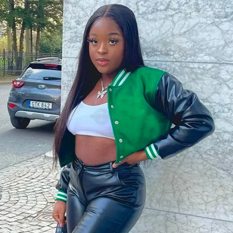 Women's green and black varsity bomber jacket