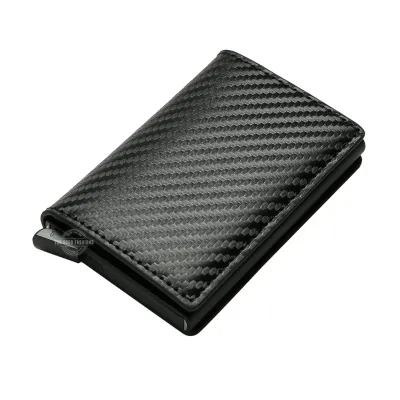 All black carbon fibre design tri-fold leather slim wallet with RFID blocking