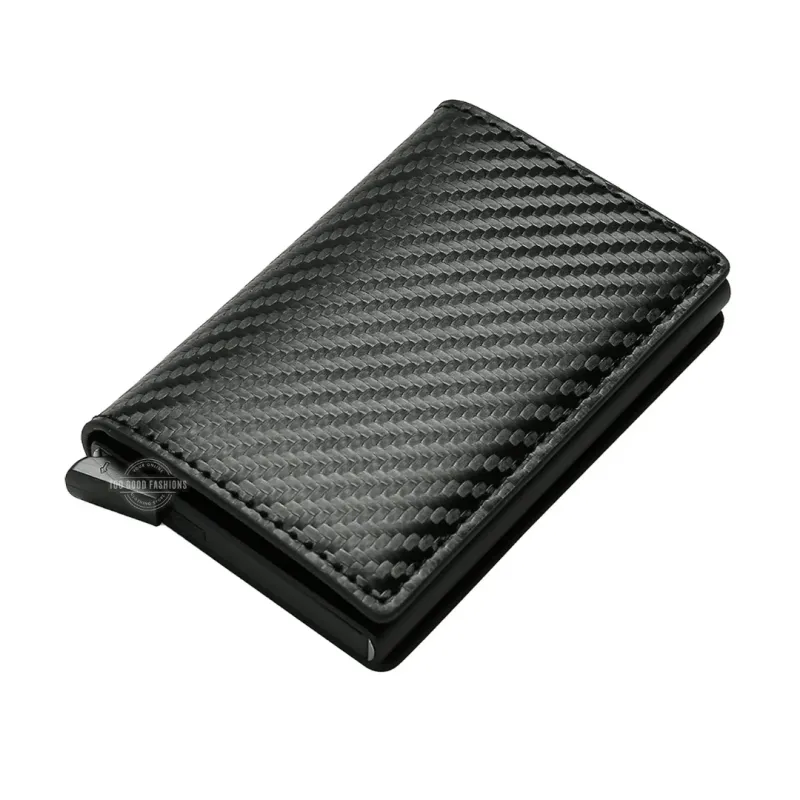 All black carbon fibre design tri-fold leather slim wallet with RFID blocking