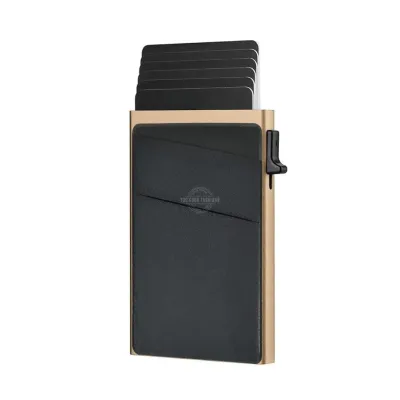 Gold slanted sleeve slim wallet with pop-up card holder and RFID blocking