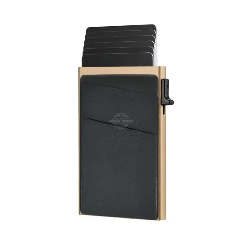Gold slanted sleeve slim wallet with pop-up card holder and RFID blocking