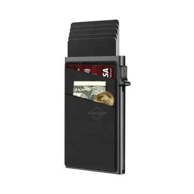 Black slanted sleeve slim wallet with pop-up card holder and RFID blocking