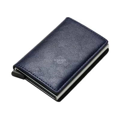Navy blue tri-fold leather slim wallet with RFID blocking and pop-up card holder