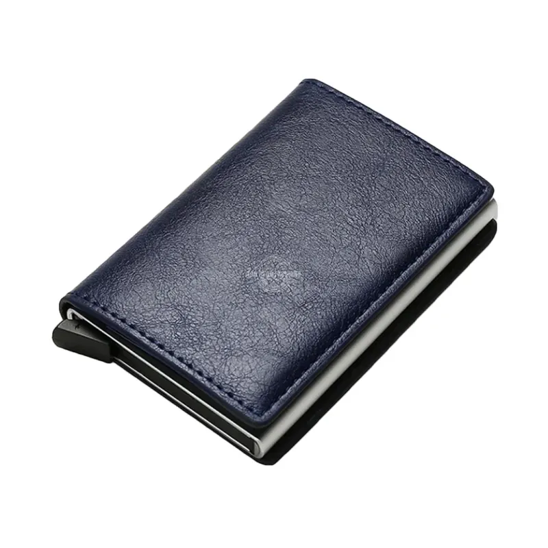 Navy blue tri-fold leather slim wallet with RFID blocking and pop-up card holder