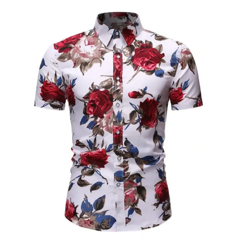 Men's red floral rose short-sleeve shirt