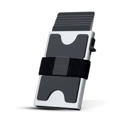 Silver aluminum slim wallet with expandable backplate and RFID blocking