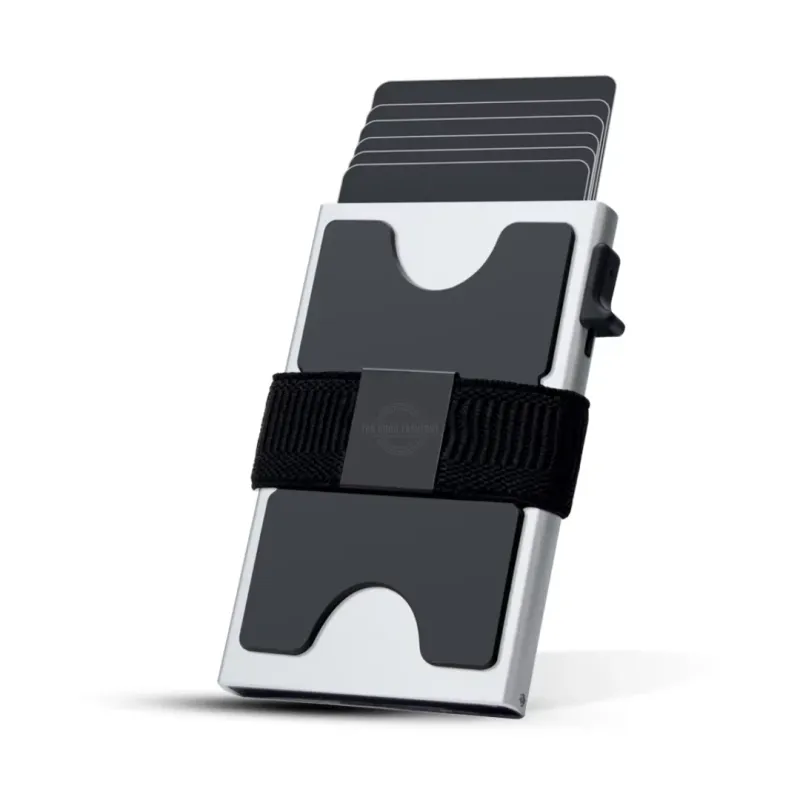 Silver aluminum slim wallet with expandable backplate and RFID blocking