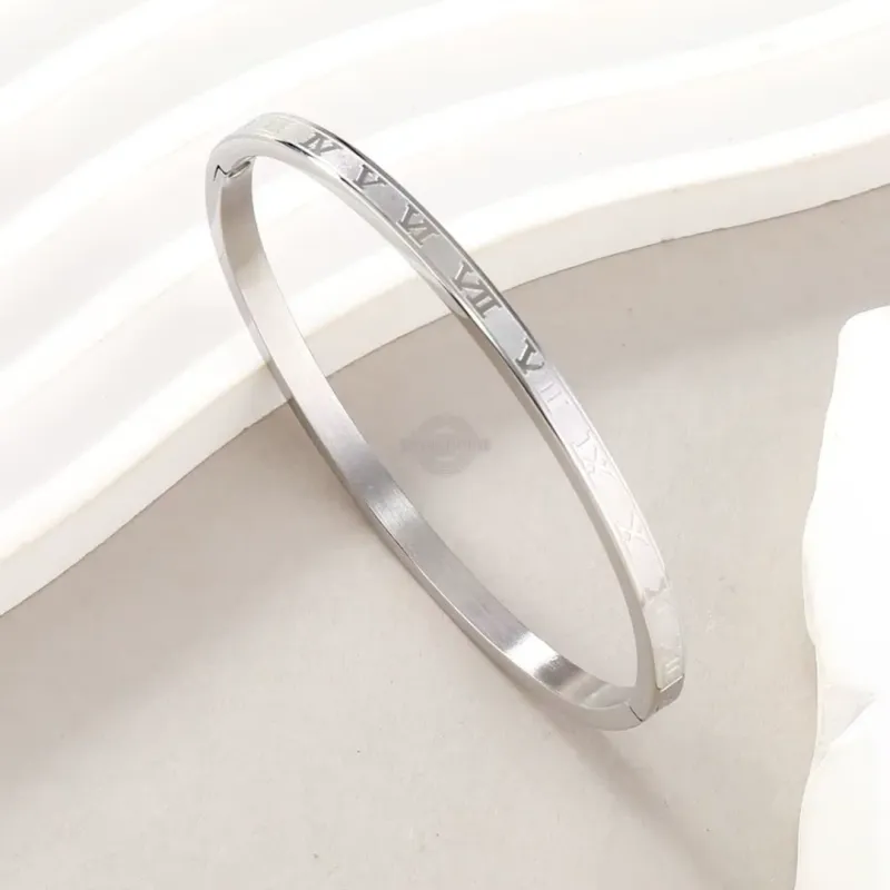 Silver stainless steel bangle with Roman numerals