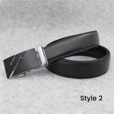 Black Leather Belt with Automatic Ratchet - S2 Silver