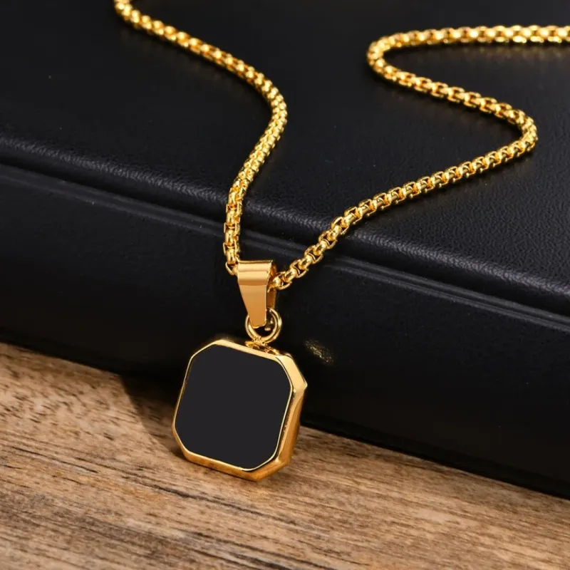 Men’s gold square pendant necklace, sleek and modern design	