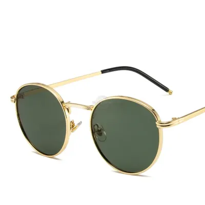 Gold frame green lens unisex round sunglasses