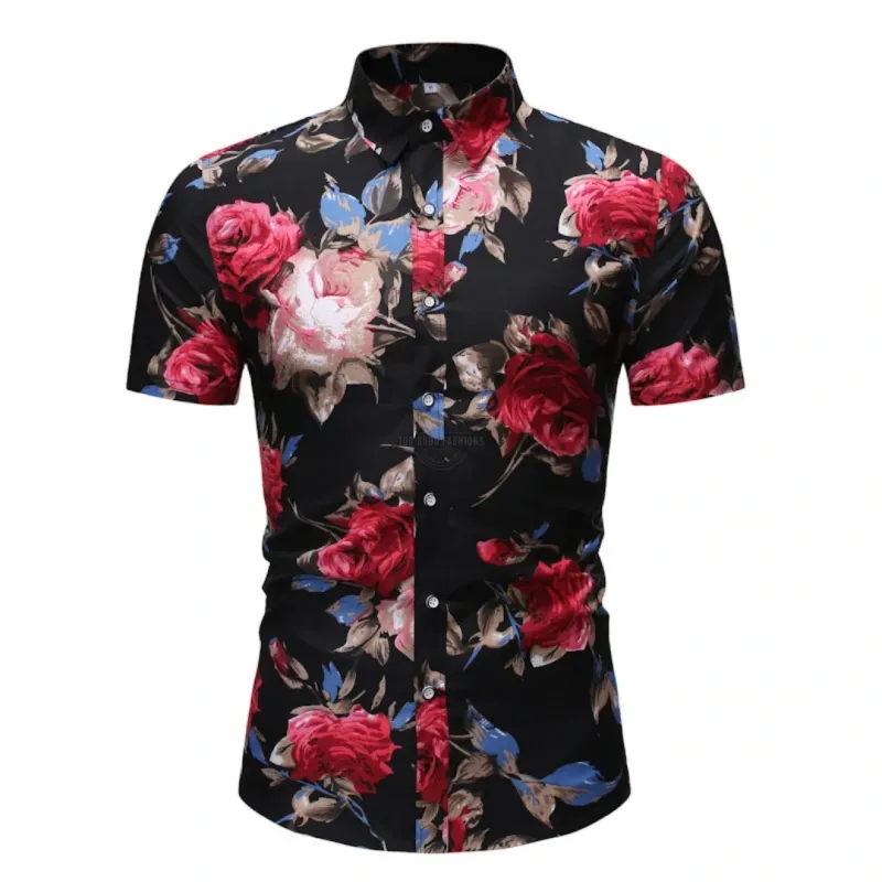 Men's black floral rose short-sleeve shirt

