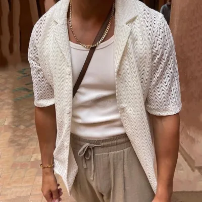 Men's cream mesh short-sleeve shirt