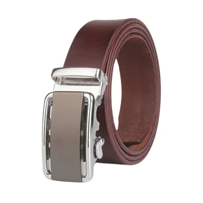 Red brown leather ratchet belt with automatic buckle – adjustable &amp; hole-free design