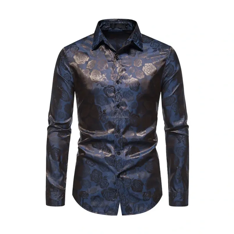 Navy Blue Rose Embossed Long-Sleeve Shirt