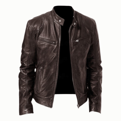 Chocolate Slim-Fit PU Leather Jacket Men's chocolate slim-fit PU leather jacket