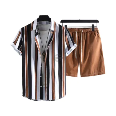Bright Brown Striped Shirt & Pants Two-Piece Set Bright Brown Striped Shirt & Pants Two-Piece Set