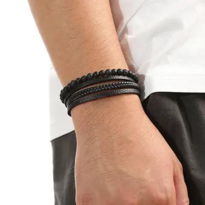 Black Leather &amp; Beaded Layered Bracelet with Magnetic Clasp