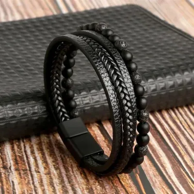 Black leather and beaded layered bracelet