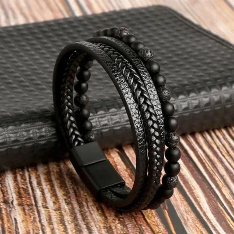 Black leather and beaded layered bracelet