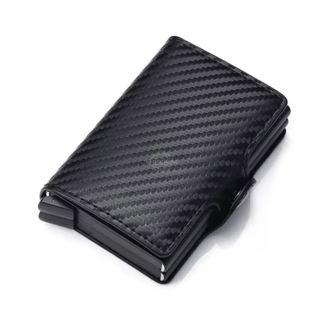 Black Carbon Fibre Design Tri-Fold Leather Slim Wallet - RFID Blocking, Double Pop-up Card Holder &amp; Clasp