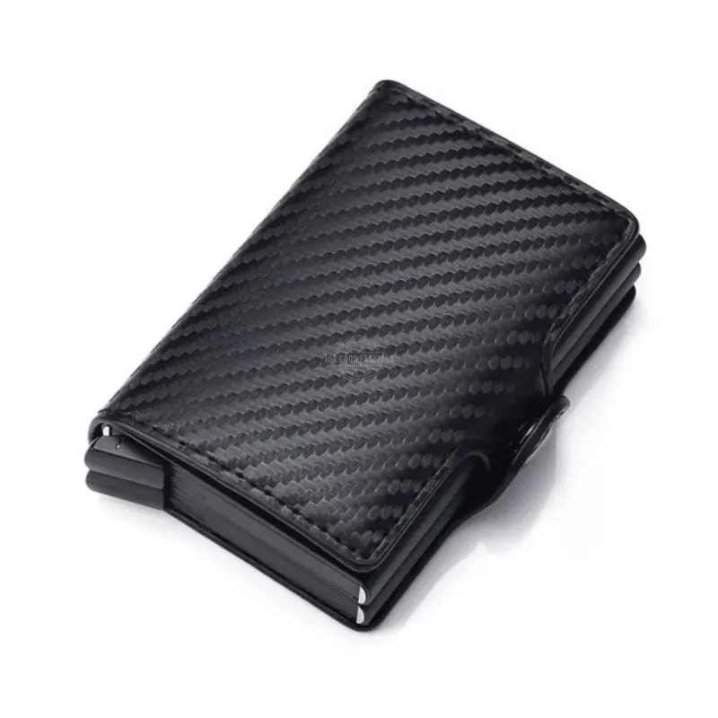 Black Carbon Fibre Design Tri-Fold Leather Slim Wallet - RFID Blocking, Double Pop-up Card Holder &amp; Clasp