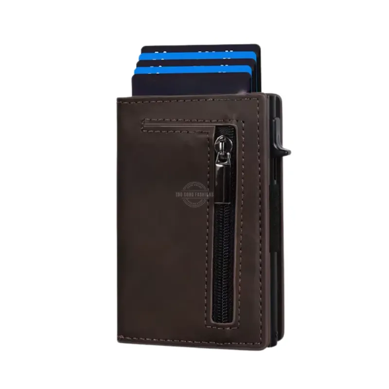 Chocolate Tri-Fold Leather Slim Wallet - RFID Blocking, Pop-up Card Holder, Zipper Pocket &amp; Magnetic Clasp