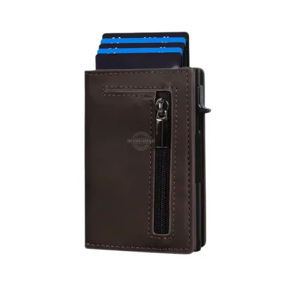 Chocolate Tri-Fold Leather Slim Wallet - RFID Blocking, Pop-up Card Holder, Zipper Pocket &amp; Magnetic Clasp