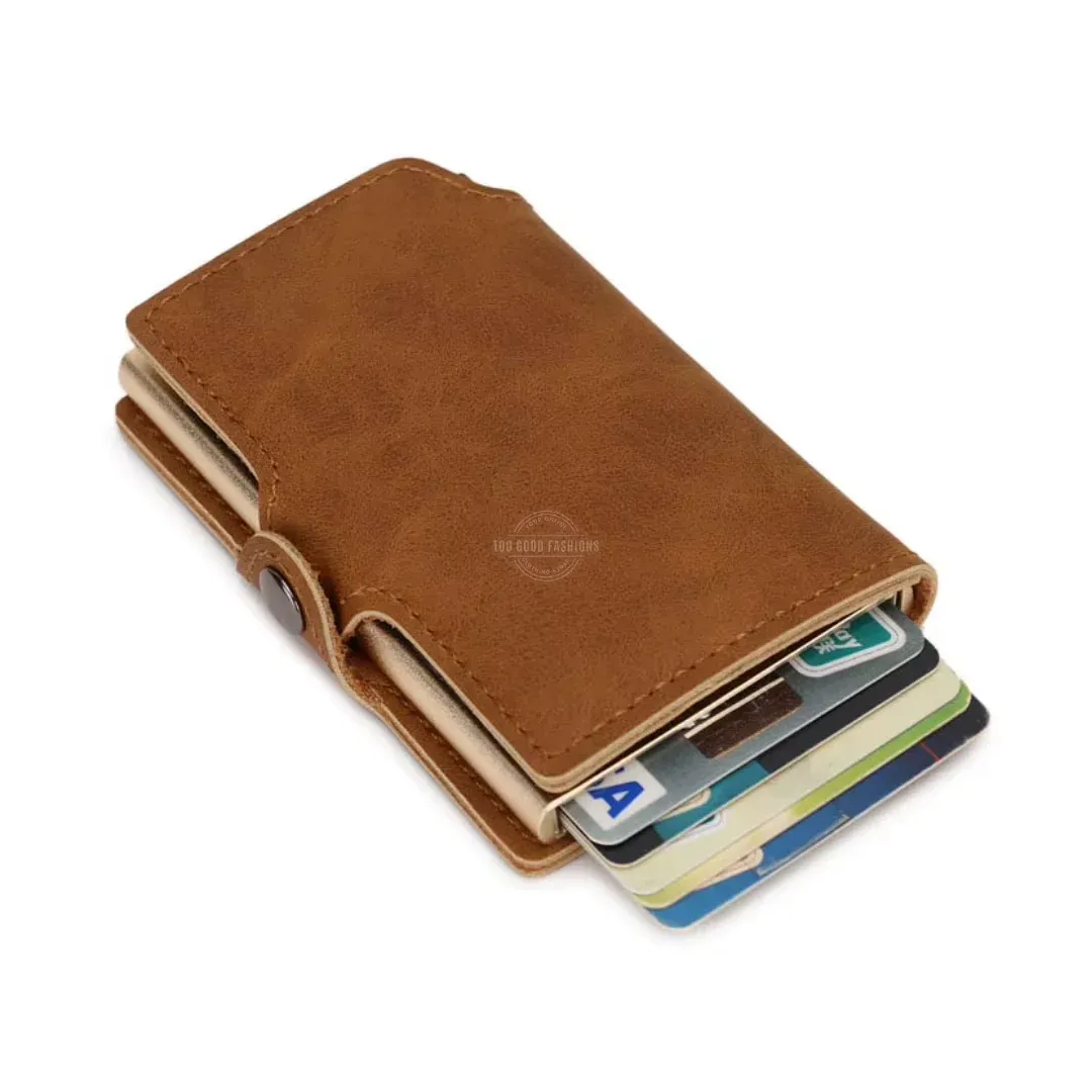 Tan Tri-Fold Leather Slim Wallet - RFID Blocking, Pop-up Card Holder &amp; Clasp