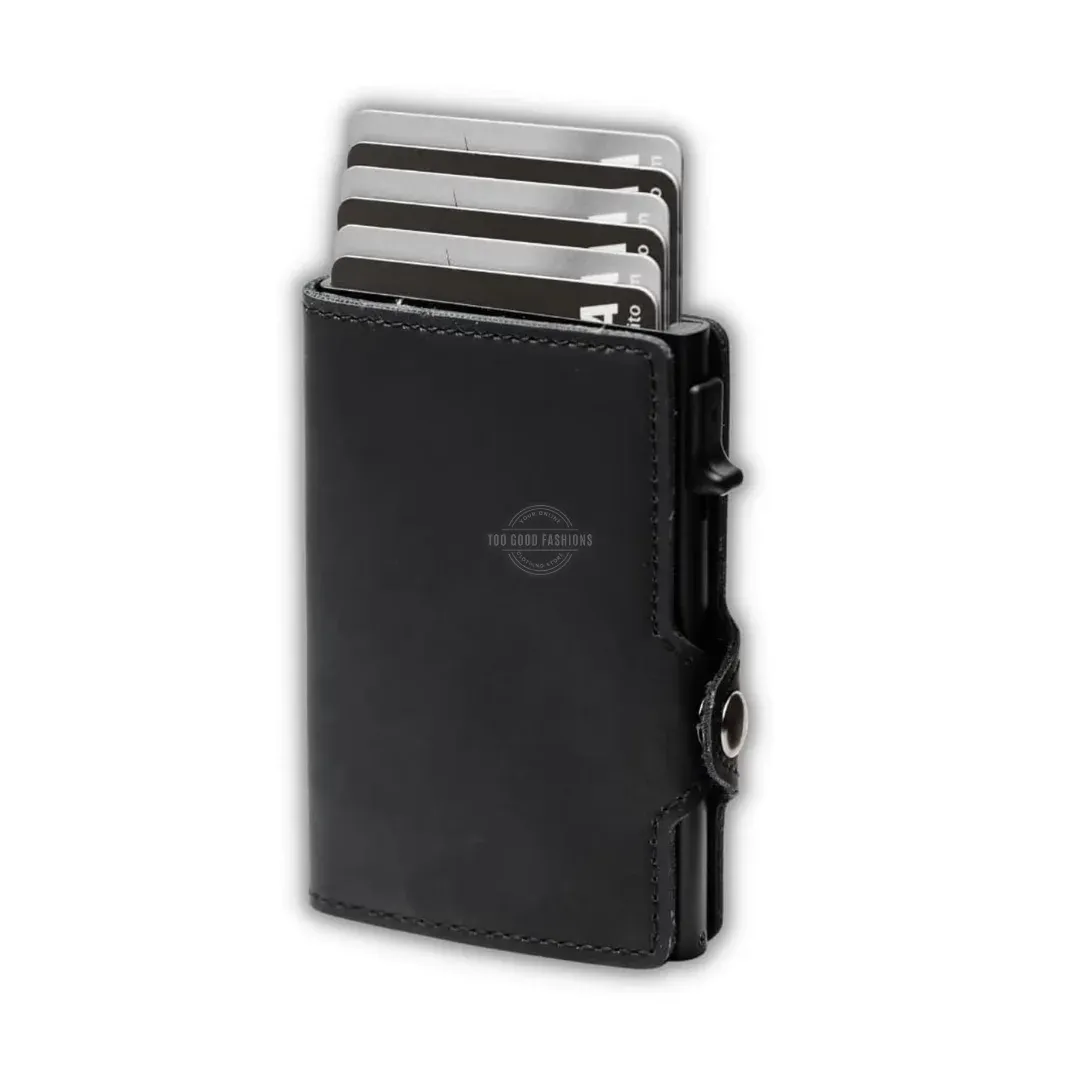 Black Tri-Fold Leather Slim Wallet - RFID Blocking, Pop-up Card Holder &amp; Clasp