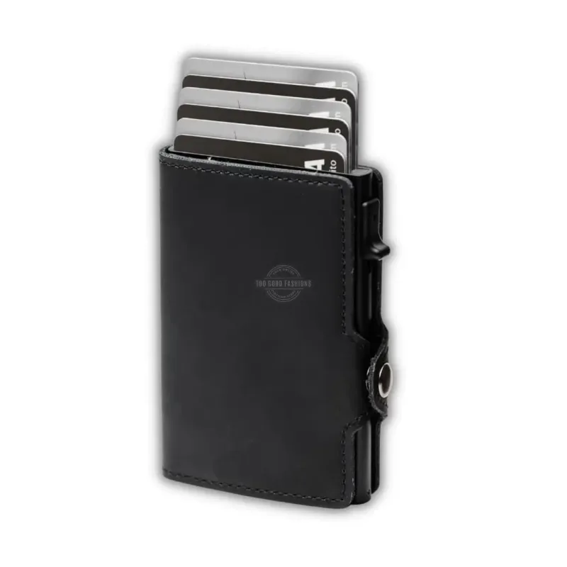 Black Tri-Fold Leather Slim Wallet - RFID Blocking, Pop-up Card Holder &amp; Clasp