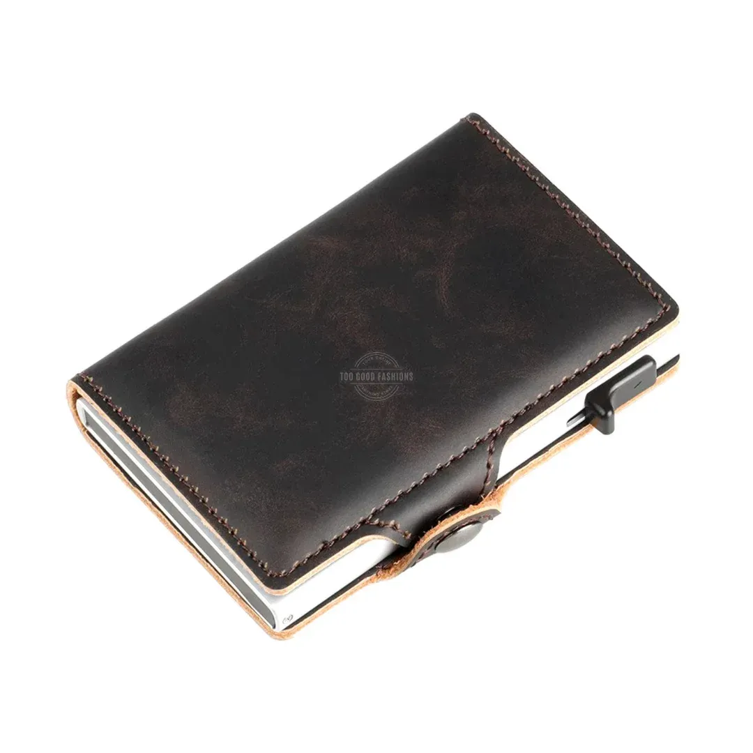 Dark Brown Tri-Fold Leather Slim Wallet - RFID Blocking, Pop-up Card Holder &amp; Clasp