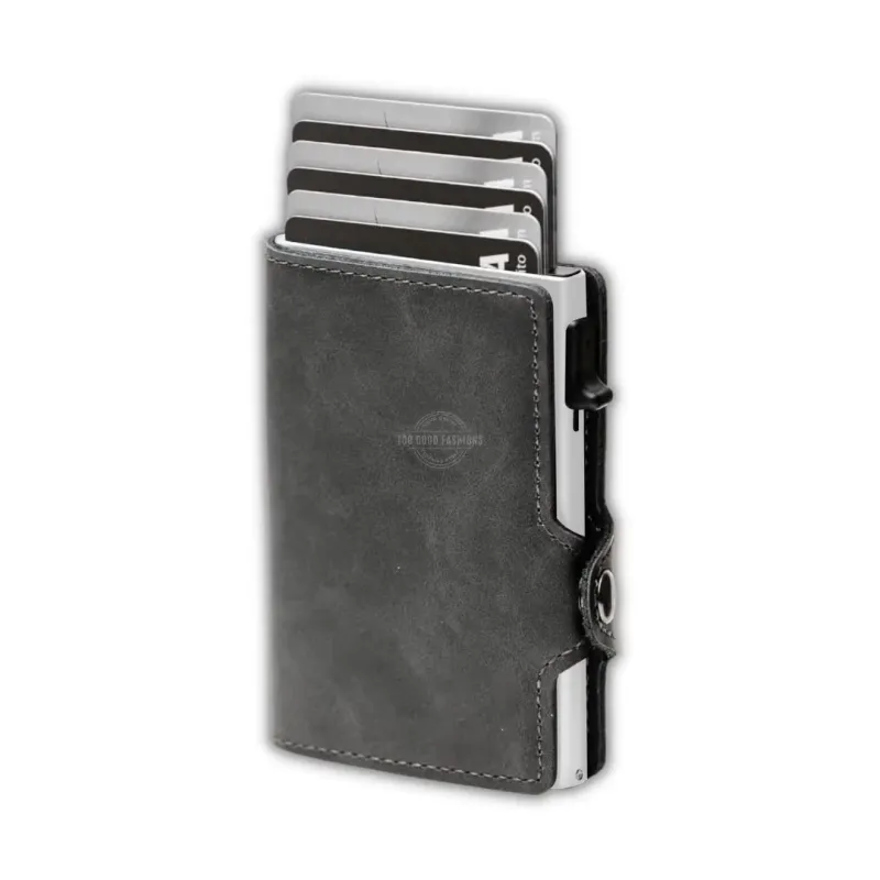Gray Tri-Fold Leather Slim Wallet - RFID Blocking, Pop-up Card Holder &amp; Clasp