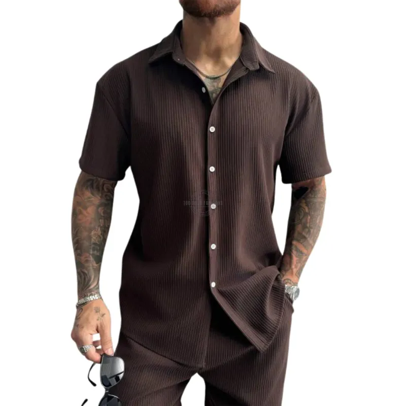Brown Ribbed Short-Sleeve Shirt