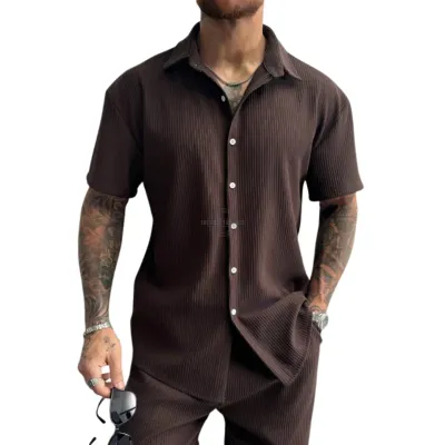 Brown Ribbed Short-Sleeve Shirt