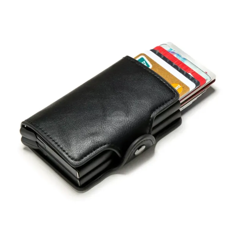 Black Tri-Fold Leather Slim Wallet - RFID Blocking, Double Pop-up Card Holder &amp; Clasp