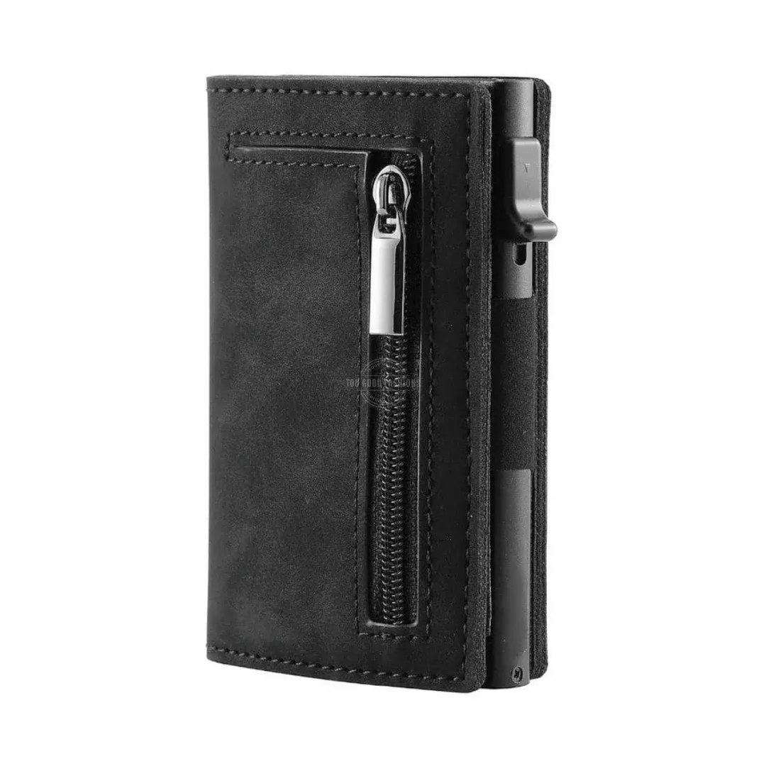 Black Tri-Fold Leather Slim Wallet - RFID Blocking, Pop-up Card Holder, Zipper Pocket &amp; Magnetic Clasp