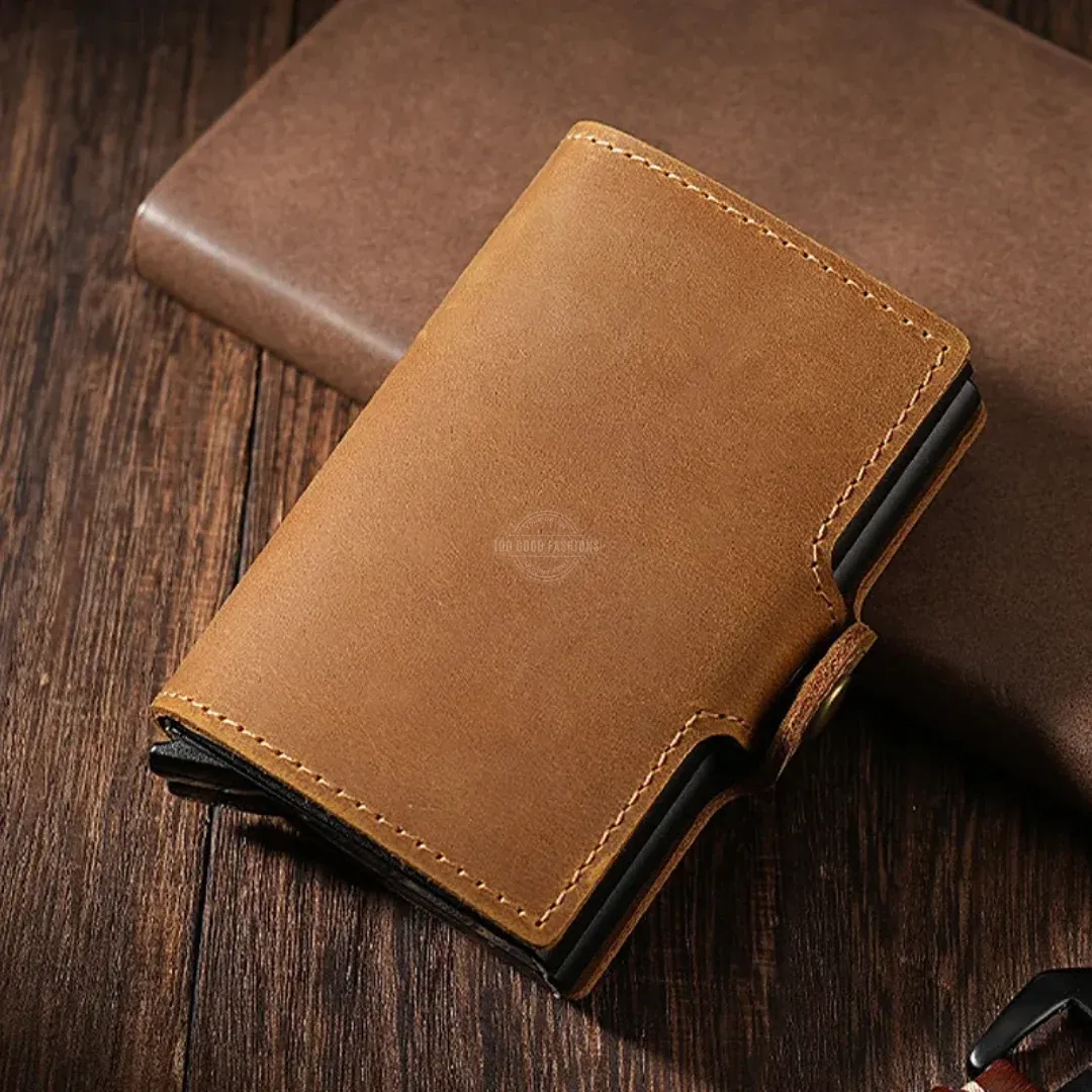 Tan Tri-Fold Leather Slim Wallet - RFID Blocking, Double Pop-up Card Holder &amp; Clasp