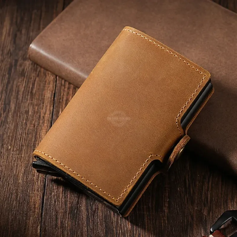 Tan Tri-Fold Leather Slim Wallet - RFID Blocking, Double Pop-up Card Holder &amp; Clasp