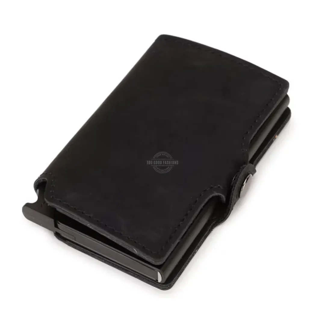 Black Tri-Fold Leather Slim Wallet - RFID Blocking, Pop-up Card Holder &amp; Clasp
