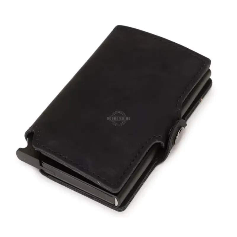 Black Tri-Fold Leather Slim Wallet - RFID Blocking, Pop-up Card Holder &amp; Clasp