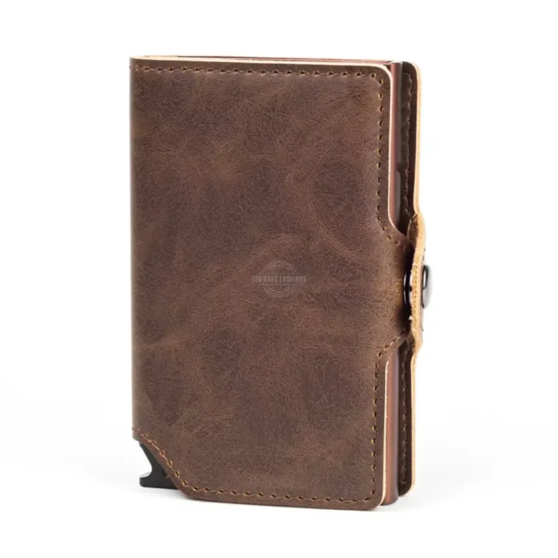 Brown Tri-Fold Leather Slim Wallet - RFID Blocking, Pop-up Card Holder &amp; Clasp