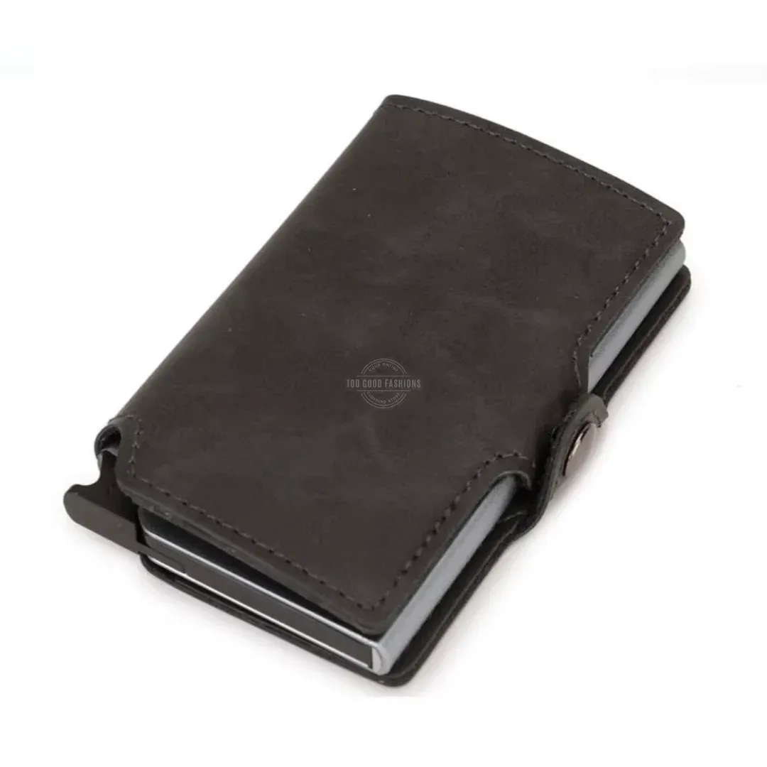 Gray Tri-Fold Leather Slim Wallet - RFID Blocking, Pop-up Card Holder &amp; Clasp