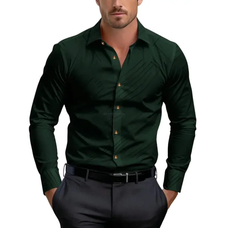 Simple Slim Fit Green Long-Sleeve Shirt
