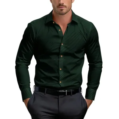 Simple Slim Fit Green Long-Sleeve Shirt