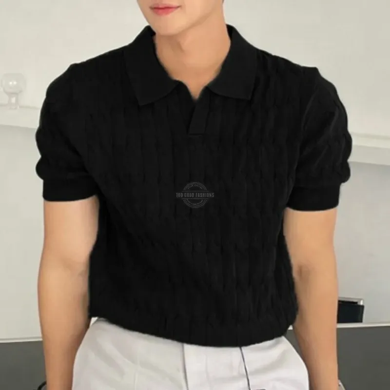 Black Knitted V-Neck Polo