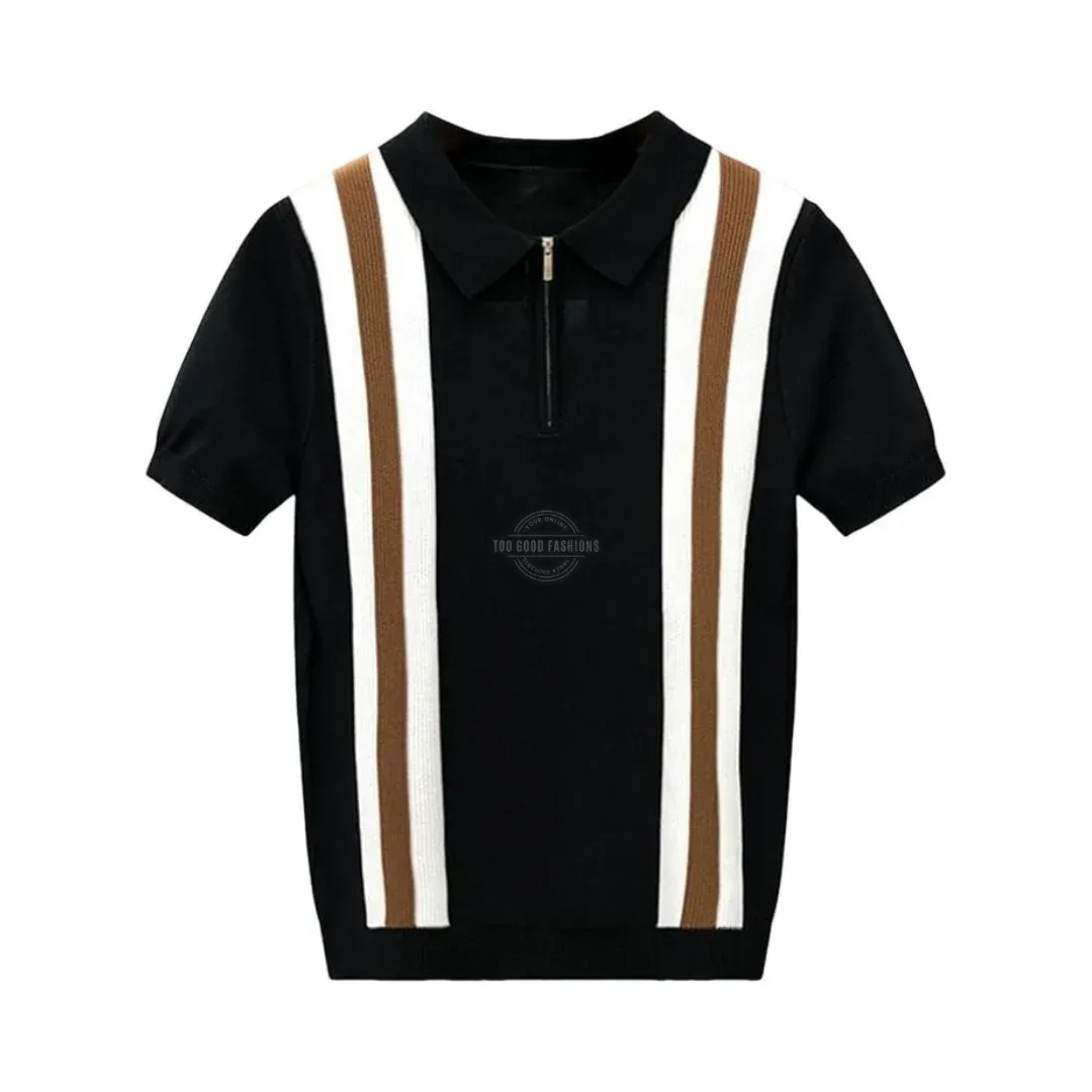 Black &amp; Brown Cotton Zipper Polo