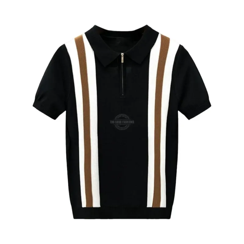 Black &amp; Brown Cotton Zipper Polo